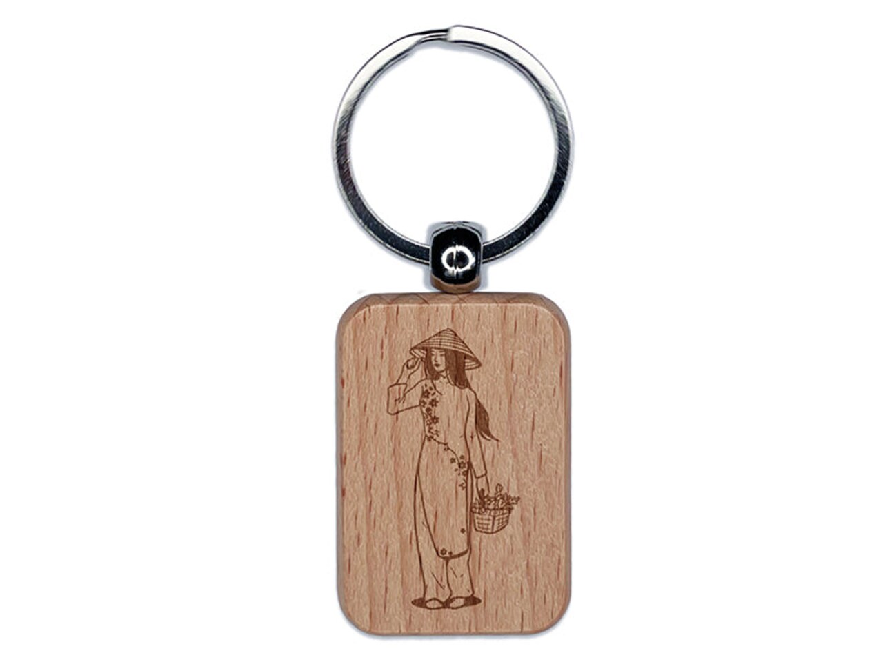 Ao Dai Vietnamese Dress Woman Engraved Wood Rectangle Keychain Tag Charm